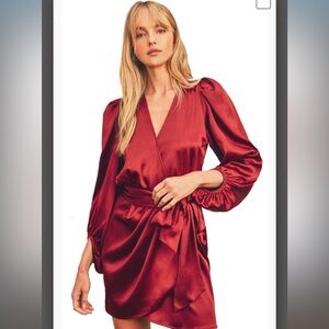 Burgundy Puff Sleeve Faux Wrap Satin Mini Dress